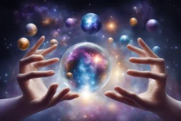 kundalini, few colours of galaxy, holding galaxies in few hands in glass balls,