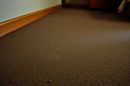 cheap motel room floor, worn carpet, very faint uneven discoloration in carpet, barely noticeable, irregular edges, subtle variation in tone, harsh flash lighting, poorly framed, candid documentary photo, not centered, no clear subject