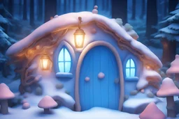 Little fairy house set in a snow-covered forest. .d. Hight definition 8k