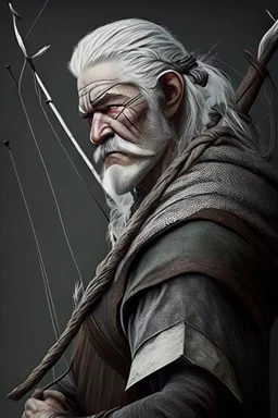 gray hair medieval man with a longbow