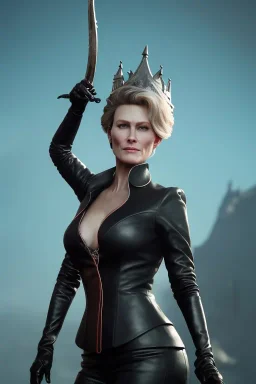 Robin Wright as evil queen in black leather, busty, cleavage, voluptuous, Claire Underwood, angry, stern look. character design by cory loftis, fenghua zhong, ryohei hase, ismail inceoglu and ruan jia. unreal engine 5, artistic lighting, highly detailed, photorealistic, fantasy