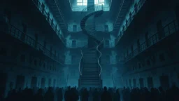 Many Stairs between walls and buildings in bleak prison, in center a big vertical spiral massive staircasel, the end of which cannot be seen, underneath many black human silhouette, dark blue and gray colors, cold, grim vibe, high detailed, surreal, dark, cinematic