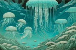 A cyan reef with icy jellyfish designed in ancient Egyptian hieroglyphics painted by Utagawa Hiroshige