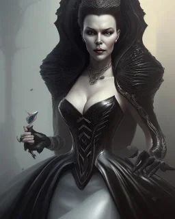 old evil queen in black leather gown, femme fatale, volouptous, busty, cleavage, angry, emperious, 8k resolution concept art portrait by Greg Rutkowski,