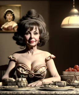 Ultra realistic photographic portrait, happy elegant Gina Lollobrigida woman sitting with arms resting on Italian kitchen table, pretty tortellini dish, renaissance style decoration, cold, soft color, highly detailed, unreal engine 5, ray tracing, RTX, lumen lighting, ultra detail, volumetric lighting, high definition.