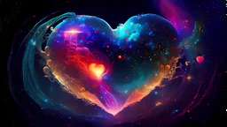 . colorful intricate HEART shaped planet similar to earth in a bright nebula. captivating. sparkles. Cinematic lighting,vast distances, swirl. fairies. magical DARKNESS. SHARP. EXTREME DEPTH. jellyfish