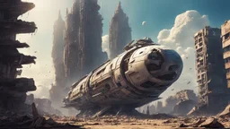 A small, wide, squat Spaceship in a ruined alien city, surrounded by tall damaged buildings, clear blue sky, small white clouds, photorealistic