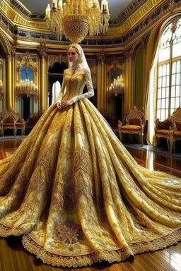 a very royal near easten golden luxurious and big wedding dress