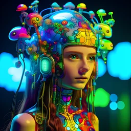 Freaky Friday, Celtic pagan vibes, Organic Alice, cyborg Ai Queen with neuralink headgear, on an inter dimensional catwalk, perfect human face, clear acrylic plastic film, full body shot, catwalk fashion show, iridescent, surreal, Salvador Dali meets pixels