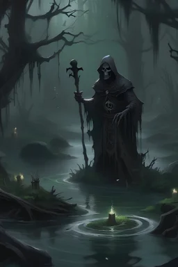 Necromancer participating an a dark ritual, in a spooky swamp
