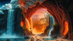 waterfall full of holes with various jungle flowing spiral cloud neon colorful Unique open cliff burning rippled surrealistic artwork with shiny shackled by cliff and sea island, while holding a waterfall doing pulling, the open cavity inside the body is a scene of an ancient Egyptian painting in the Gesang desert 5D diorama, with seven open panels revealing a forest with a thousand shadows, giving a triple exposure effect on a Balinese girl and her telepathy waves with magic breast milk