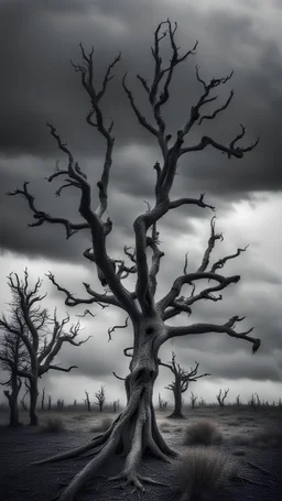 Very creepy dead trees in gray tones, gloomy clouds