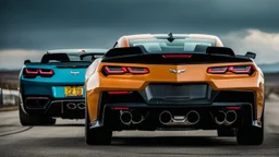 Camaro and a Corvette merged ,rear view, desktop wallpaper, 4K, Cinematic