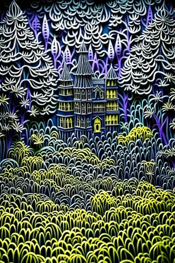 dark forest , darkness castle ,fog, multi-dimensional paper cut craft, mixed media illustration, running through the woods, Sharp, paper quilling, polymer clay, sharpie, Hypermaximalist, busy, Ornate, Layered, HDR, ultra 8k