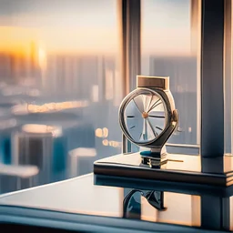 very close up of a wrist watch stands on table in balcony skyscraper camera looks at modern city environment reflected image i n watch plate