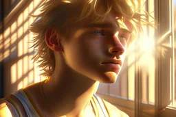 A close cropped portrait of an athletic teen boy with honey brown eyes, messy golden blond hair, cute, innocent and thoughtful, leaning against a window, a hint of facial hair, sleeveless shirt, inside an empty room with warm sunlight streaming in, detailed, high definition, 4K, 8K, quality render