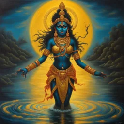 An oil painting of goddess Kali crossing a lake, neon gold colors, high detail eyes,