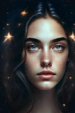 A very beautiful and attractive girl with a symmetrical face, with stars behind her