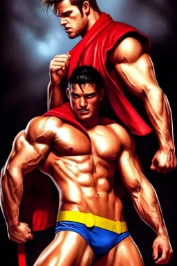 Ignore NSFW, teenager young rugged attractive slightly muscular fantastic handsome man, red briefs with yellow belt, hairy chest, (((visibly pisssing))) briefs, large erect visible boner peniss, photorealistic, artist Jay Anacleto