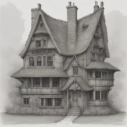 A highly detailed front elevation line drawing of a crooked fantasy house, with a twisted tall chimney, rooms and floors added to the sides and roofs, like Harry Potter's the Burrow.
