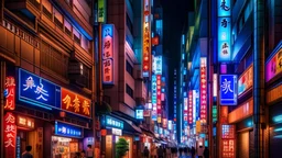 a captivating night scene of a bustling Japanese street with vibrant neon lights, inspired by Tokyo's famous Shibuya district, with a mix of traditional and modern elements, cinematic atmosphere, dynamic lighting, and detailed architectural features –ar 16:9