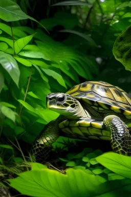 green turtle in leafy jungle