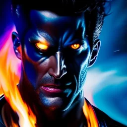 Ultra detailed fullbody Portrait in oil on canvas of X-Men Nightcrawler merges with Ghostrider on fire ,intense stare,extremely detailed digital painting, extremely detailed face,crystal clear Big eyes, mystical colors ,perfectly centered image, perfect composition, rim light, beautiful lighting,masterpiece,8k, stunning scene, raytracing, anatomically correct, in the style of robert e howard and Ken Kelley and Ohrai Noriyoshi and Simon Bisley and tomzj1