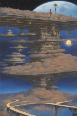 Jean Giraud, Noriyoshi Ohrai, Surreal, mysterious, strange, fantastical, fantasy, Sci-fi, Japanese anime, maiden who sews the bridges of the night, perfect voluminous body, curtain of moon and stars, flowing galaxy, space station, detailed masterpiece bird’s eye view perspectives