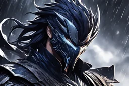 Machine venom in 8k solo leveling shadow drawing style, yasuo costume, yasuo hair, rain, highly detailed, high details, detailed portrait, masterpiece,ultra detailed, ultra quality