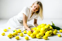 Sobre un fondo blanco de fotografía de estudio, un mujer rubia, vestida con camisa blanca sin abotonar y una amplia falda amarilla, juega con unos limones, por el suelo hay más limones