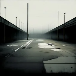 Minimal contemporary abstract oil paintings of desolate 1960s carpark with road markings and concrete fragments. Lone figure. Overlay with grungy typography graphics. style of Justin Mortimer and Francis Bacon.