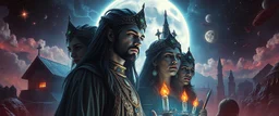 portrait of inter-galatic power broker soap opera dynasty family , the first nation, witchcraft, cyberpunk village, sci-fi, strange chrome vessels, volume light from stars through clouds, goa trance poster
