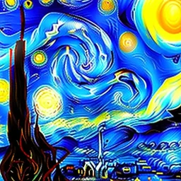 Dibujo al oleo de un pulpo con nubes de colores estilo Vincent van Gogh