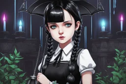 wednesday addams in 8k 2D anime realistic drawing style, Gothic them, neon effect, close picture, rain, highly detailed, high details, detailed portrait, masterpiece,ultra detailed, ultra quality