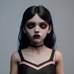 Female Jenna ortega black dress,soft goth libstick, wednesday addams make up, dramatic lighting, highly detailed, volumetric lighting, unreal engine, 8k