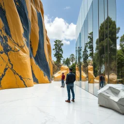 Un'immagine di un paesaggio naturale con marmi gialli e blu scuro, imponenti e altissimi, accanto a strutture artificiali e alberi. Queste strutture sembrano blocchi rettangolari riflettenti, come colonne di vetro, che creano un contrasto tra il naturale e l'artificiale. Gabbia. Persona osserva. Pavimentazione marmorea, bianca con venature e solchi. La scena trasmette un senso di sospensione e dialogo. Dettagli degli specchi e delle rocce molto accentuati