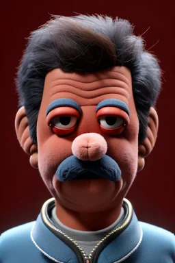 Waist up muppet Portrait, Nicolas maduro us muppet doll, black hair, Venezuelan president, tracksuit red blue, mustache, photo studio, red background, unreal engine 5, concept art, art station, ray tracing, lumen lighting, ultra detail, volumetric lighting, 3d.