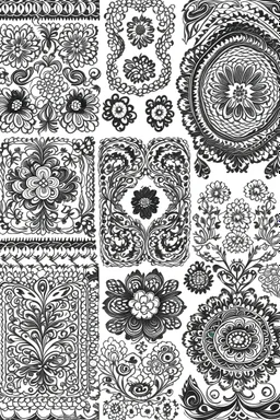 Draw a page with folk traditional patterns from Germany in fine work black in on white background