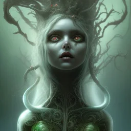 Demon girl trapped in glass bottle, liquid guts, intricate detail, Dryad, full body, creepy, horrifying, dreadful, sinister, smiling ghost, long white hair,