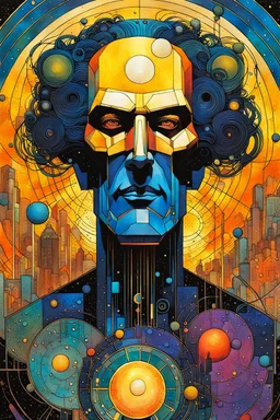 Create a chaotic abstract cubist Tarot Card depicting a post apocalyptic, The Emperor , with highly detailed facial features, in the style of Bill Sienkiewicz, Philippe Druillet, Gustav Klimt, and Jean Giraud Moebius, precisely drawn, colored and inked