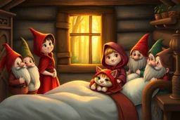 create a fairytale cottage scene with Little Red Riding Hood standing beside a bed, smiling gently, surrounded by seven unique dwarfs. In the bed rests a soft, expressive cat with a red headscarf, acting as grandma. Magical lighting, glowing forest window in background, warm earthy colors, ultra-detailed whimsical style --v 7 --style raw --ar 16:9