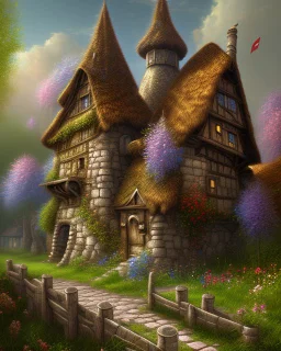 medieval fantasy village with flowers rpg art painterly