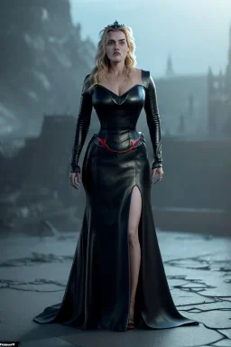 Kate Winslet as evil queen in black leather gown, cleavage, angry, stern look, unreal 5, octane render,cinema4d, dynamic lighting, dramatic lighting, 4k, redshift render, highly detailed, hyper realistic