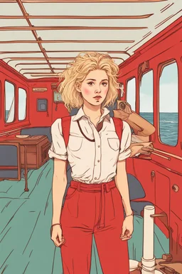 23 years old girl, with blond hair and a messy bun like selah sue. standing on in a red boat, wearing red clothes and holding binoculars watching something in the middle of the sea. You see the whole boat. You see the gril in front. It's a ferry. Wes anderson style. In front. Sarcastic vibe. Old school interior. she stands in the kitchen of the boat