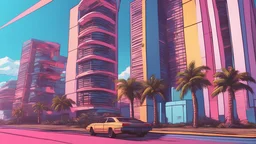 comic book illustration looking straight ahead,synthwave colors in Miami beach, sunshine, blue sky, art inspired in GTA VI game, cinematic light, 4K,