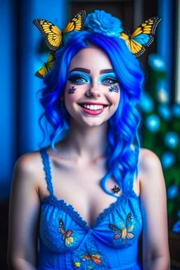 A very beautiful girl wearing cute makeup, smiling, blue hair and flowers, wearing a dress of butterflies