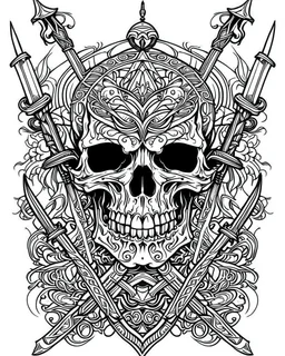 symmetrical skull with an embedded sword tattoo, coloring book page, clean line art, adults drawing book, Black and white only, crisp black lines, sharp lines, coloring page for adults, black and white picture, lots of details, tattoo style,tattoo ideas, full body