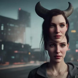 a moody medium-close-up shot of an attractive woman with a gentle smile and curved ram horns and one face. She's standing on a cyberpunk city sidewalk , high-resolution