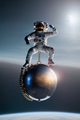 close side view of An astronaut sitting on a large steel ball.floating in the air, wide legs, holding on to the chain