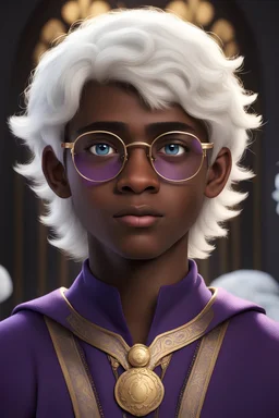 eighteen year old teenager boy, dark skin, blue eyes, straight snow white hair, with round glasses, dressed in a purple and gold tunic